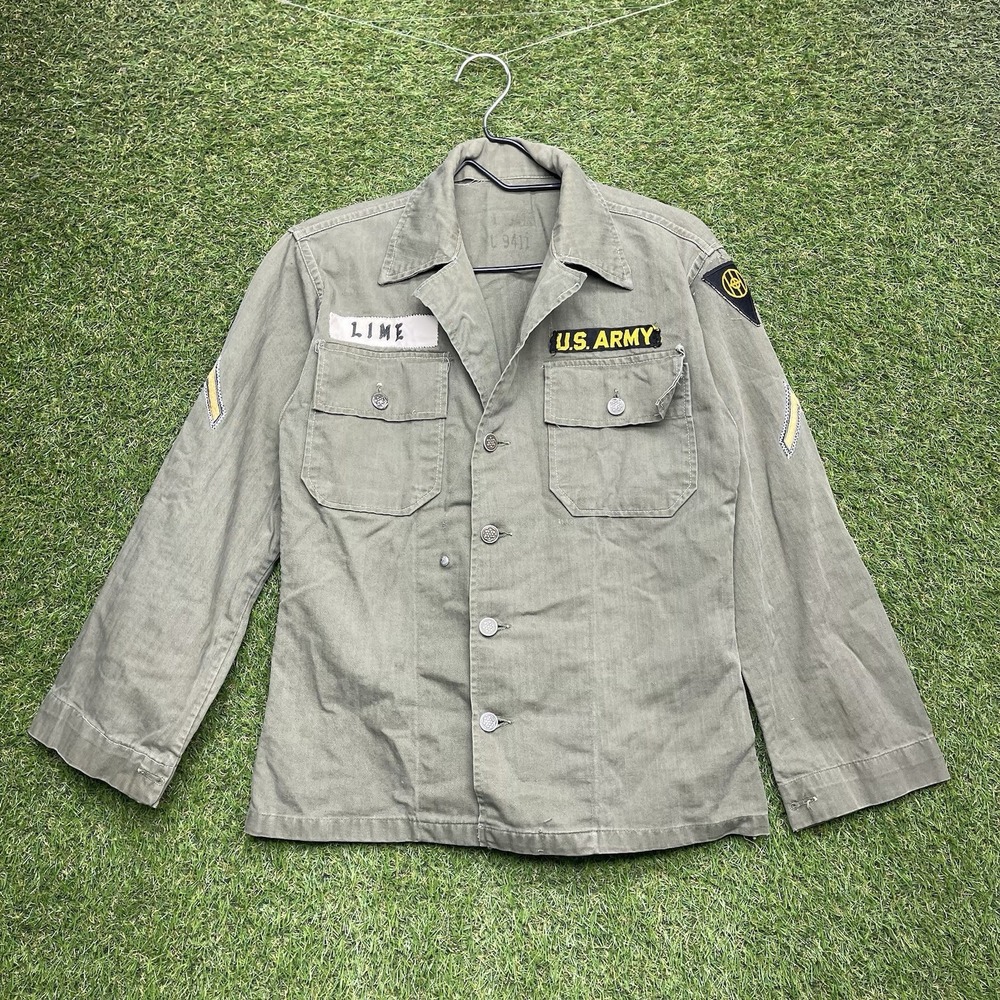 WWII US Army HBT Shirt Mens Large 13 Star Buttons 1940s 50s Military Vintage